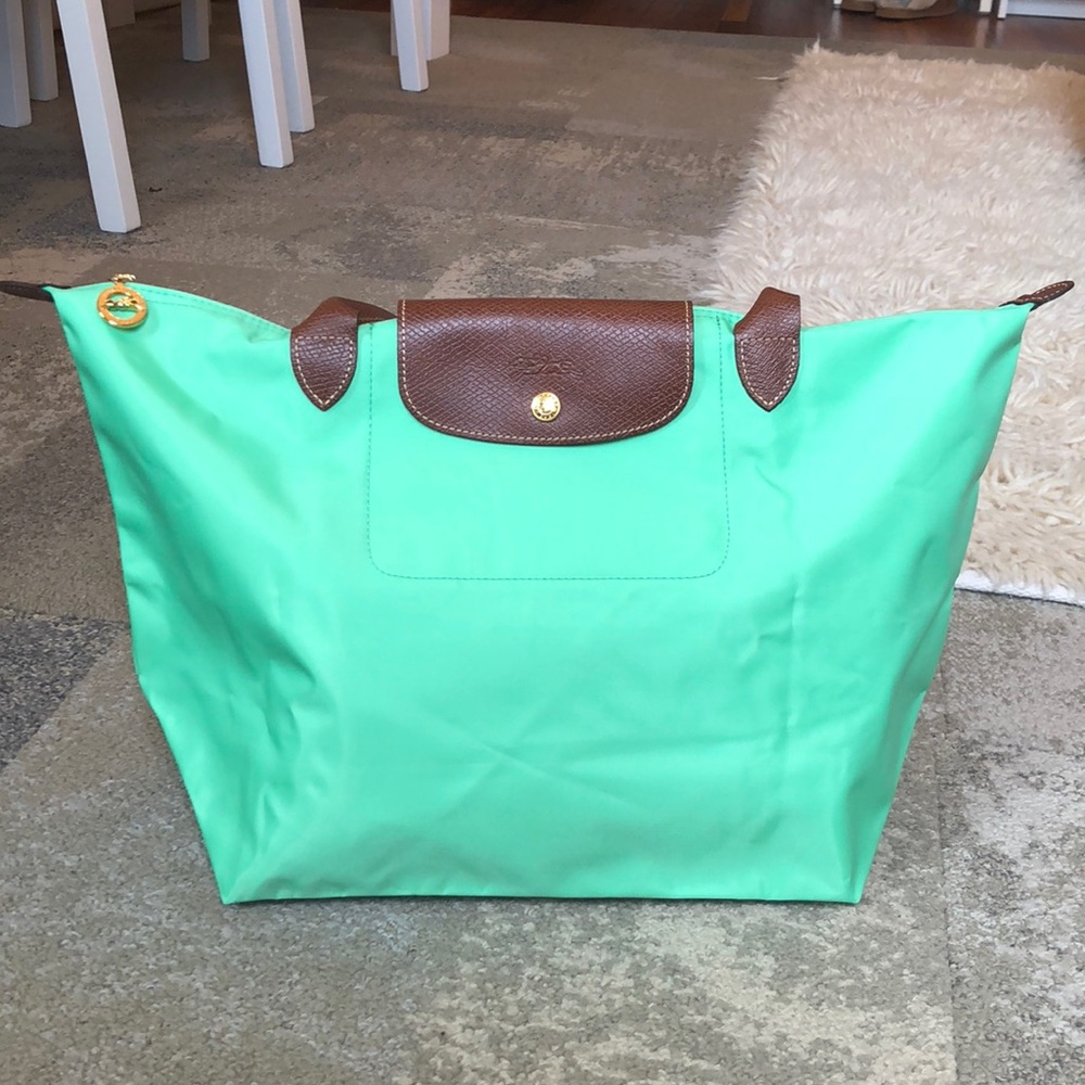 Lime green LongChamp medium shoulder tote bag